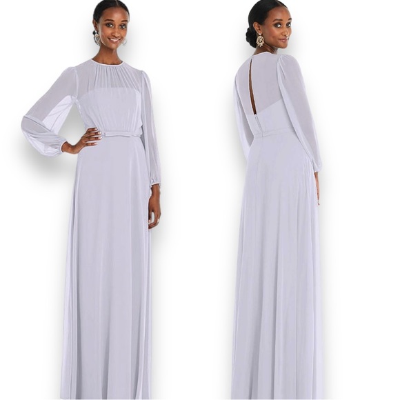 NWT Dessy Collection Long-Sleeve Chiffon Gown Color Silver Dove Size 10 - Picture 1 of 15